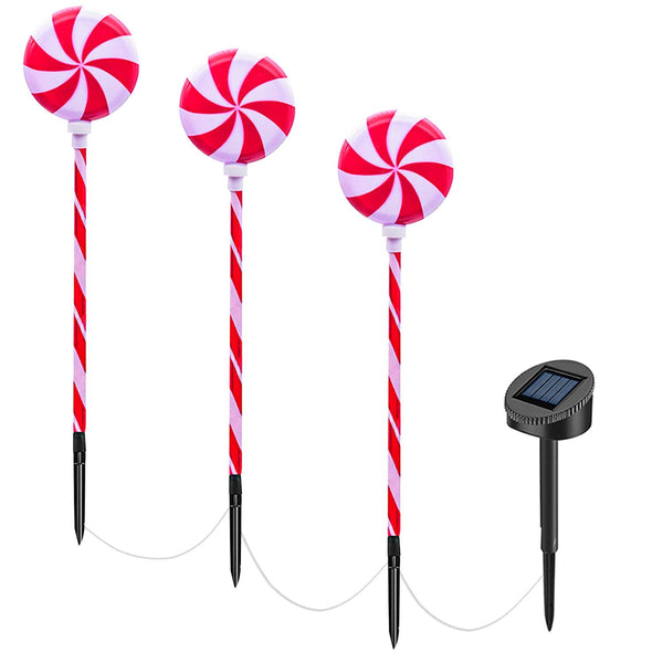 Christmas Candy Lollipops Light Set of 3 Waterproof Stake Solar Lamp for Yard Garden Pathway