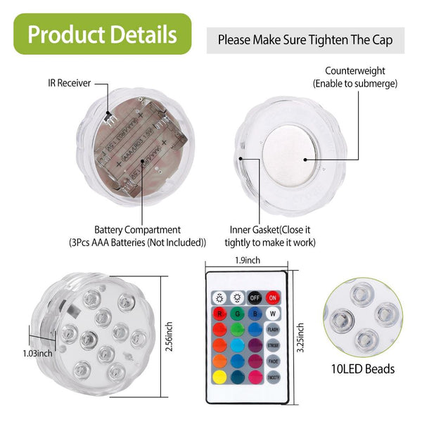 4Pcs Submersible RGB LED Lights Waterproof Underwater Color Changing Remote Control