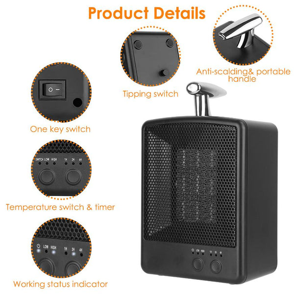 1000W Small Portable Electric Space Heater Personal Tip Over & Overheat Protection Adjustable Temp