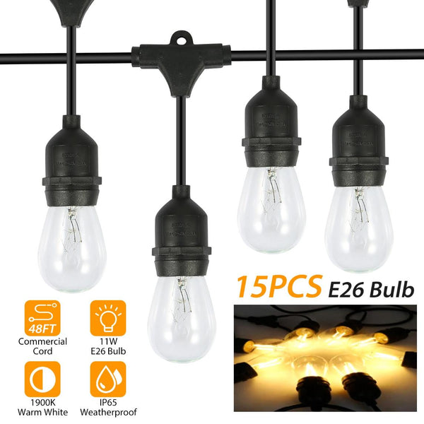 48FT Outdoor String Lights Waterproof Patio Bulbs Commercial Yard Lights Garden Warm