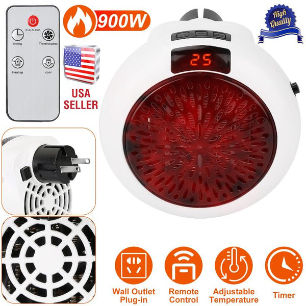 900W Portable Heater Fan Wall Outlet Space Heater Plug-in Adjustable Temp Auto Shut-Off