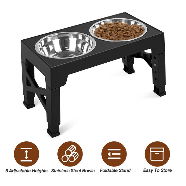 Dog Raised Bowls 5 Adjustable Heights Stainless Steel Elevated Foldable Double Bowl Dog Feeder