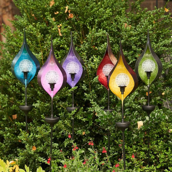 48" Tall Iron Raindrop Solar Garden Stake with LED Orb in 6 Assorted Colors
