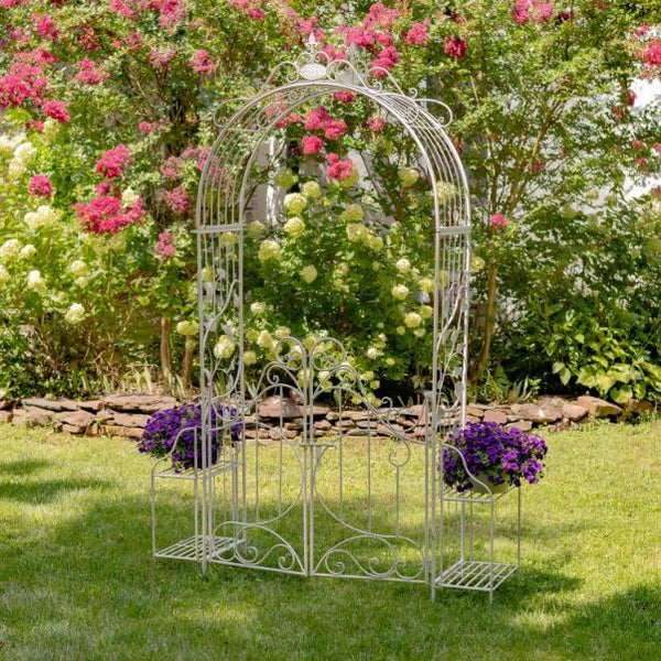 Garden Gate Arch with Side Plant Stands Iron Metal | Vineyard Yard Entrance