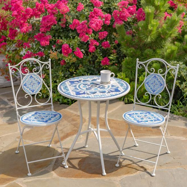 "Cape May" Three Piece Mosaic Bistro Set, Bench, Plant Stand