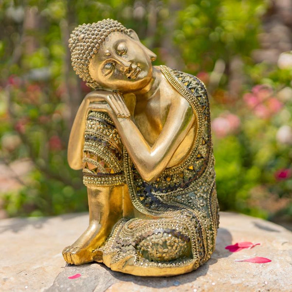Frosted Gold Polyresin Thinking Buddha Idol Small Statue 13.8" Tall