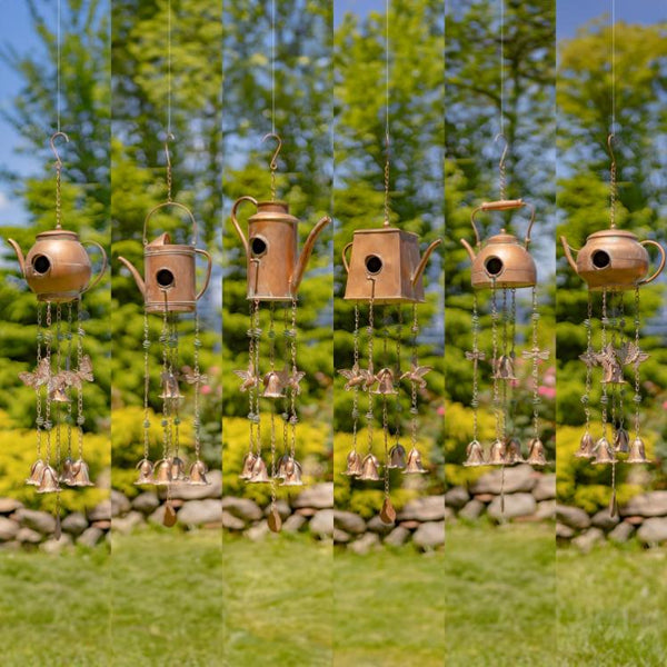Set of 6 Assorted Style Hanging Iron Teapot Birdhouse Wind Chimes "Darjeeling"