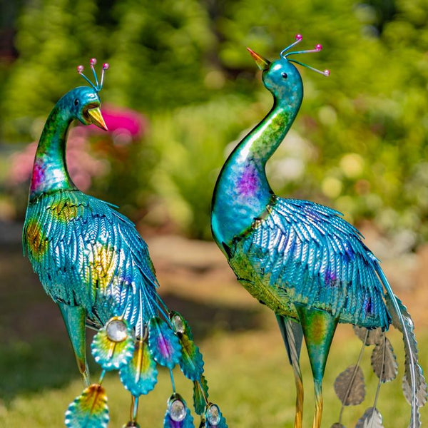 22" Tall Set of 2 Painted Iron Peacocks Garden Decoration