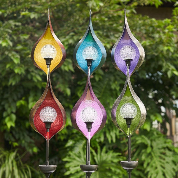 48" Tall Iron Raindrop Solar Garden Stake with LED Orb in 6 Assorted Colors
