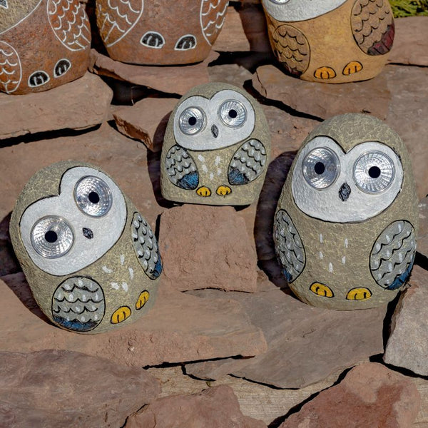 Set of 3 Solar Rock Owls with Light Up Eyes