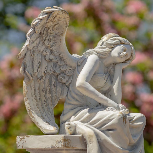 Angel Statue Sitting on Pillar "Nicole Alyse" 30.7" Tall Magnesium
