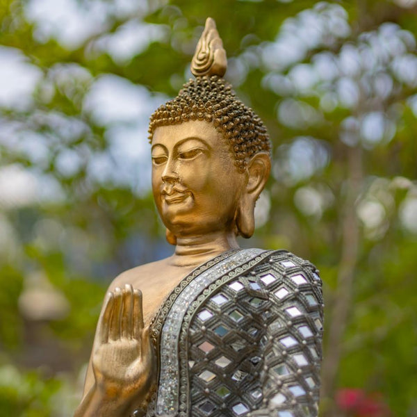 Preaching Buddha Statue with Diamond Mirror Accents 17.3" Tall Polyresin