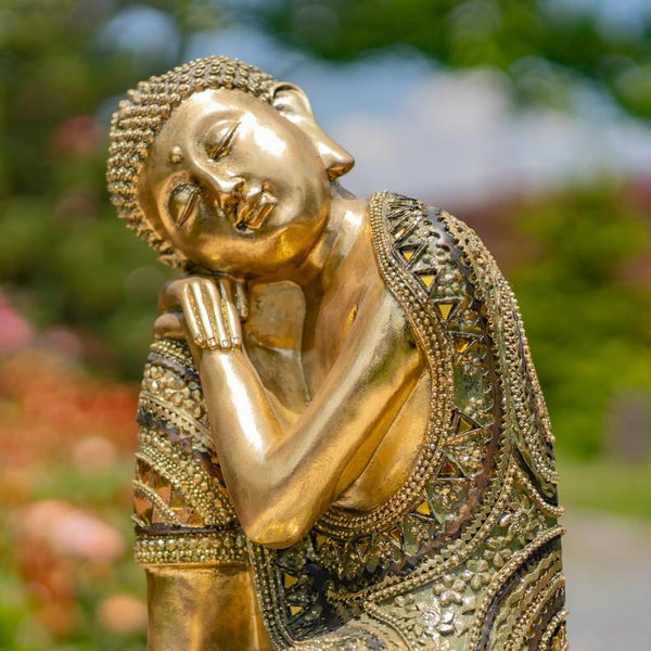 Frosted Gold Polyresin Thinking Buddha Idol Small Statue 13.8" Tall