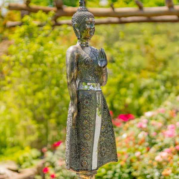 Frosted Silver Standing Polyresin Buddha Statue 37.8" Tall