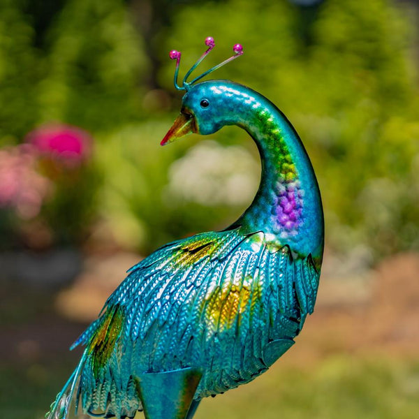 22" Tall Set of 2 Painted Iron Peacocks Garden Decoration