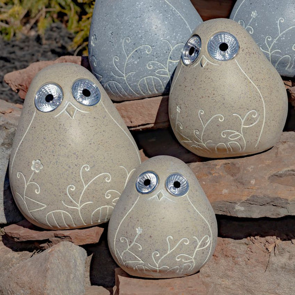 Set of 3 Solar Rock Birds with Floral Etching & Light Up Eyes