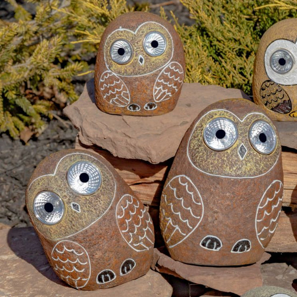Set of 3 Solar Rock Owls with Light Up Eyes