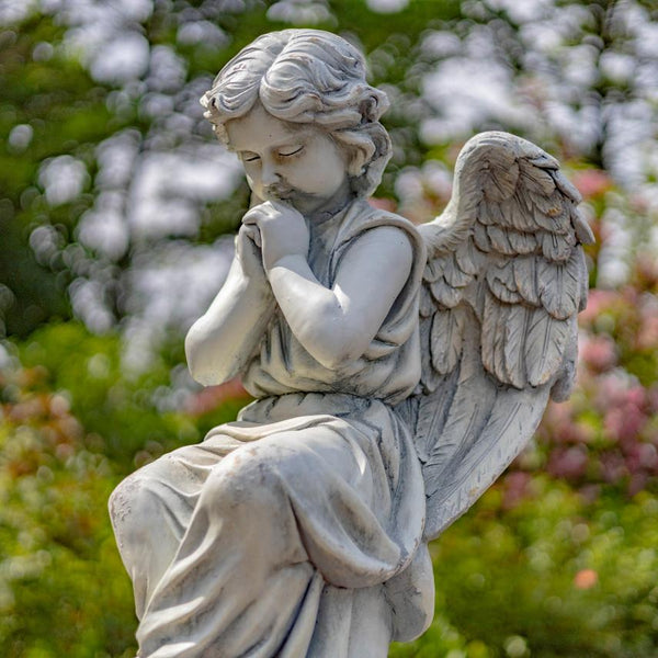 Angel Statue Sitting and Praying in Antique White "Evie" 28" Tall Magnesium