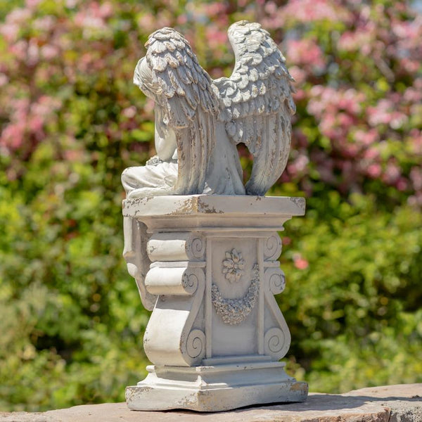 Angel Statue Sitting on Pillar "Nicole Alyse" 30.7" Tall Magnesium
