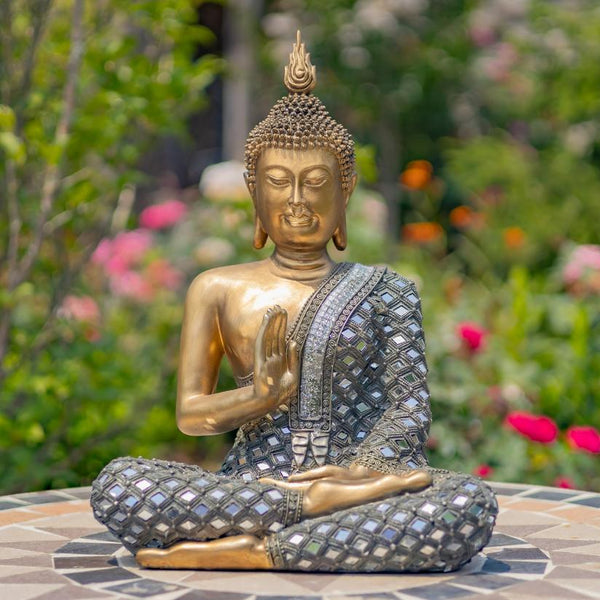 Preaching Buddha Statue with Diamond Mirror Accents 17.3" Tall Polyresin