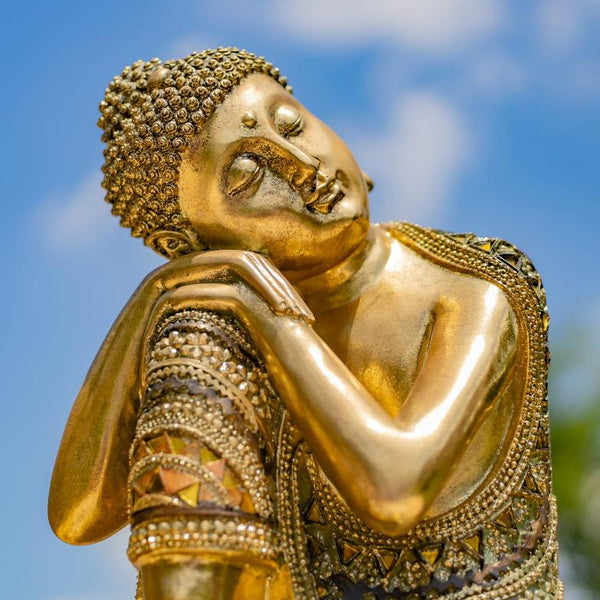 Frosted Gold Polyresin Thinking Buddha Idol Small Statue 13.8" Tall