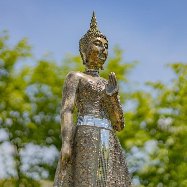 Frosted Silver Standing Polyresin Buddha Statue 37.8" Tall