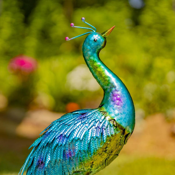 22" Tall Set of 2 Painted Iron Peacocks Garden Decoration