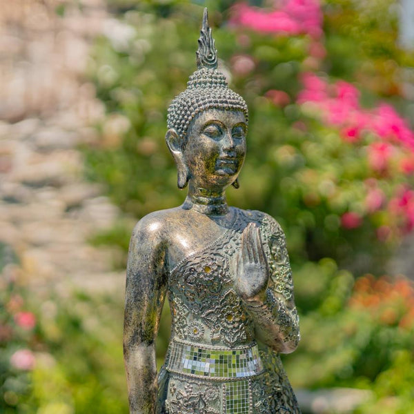 Frosted Silver Standing Polyresin Buddha Statue 37.8" Tall