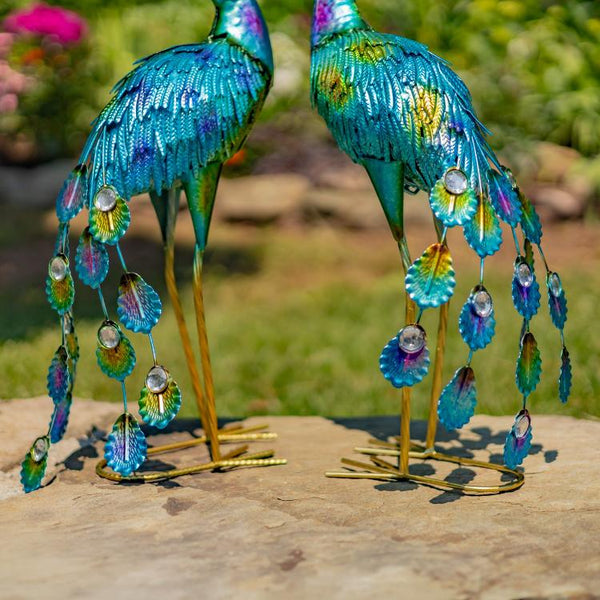 22" Tall Set of 2 Painted Iron Peacocks Garden Decoration