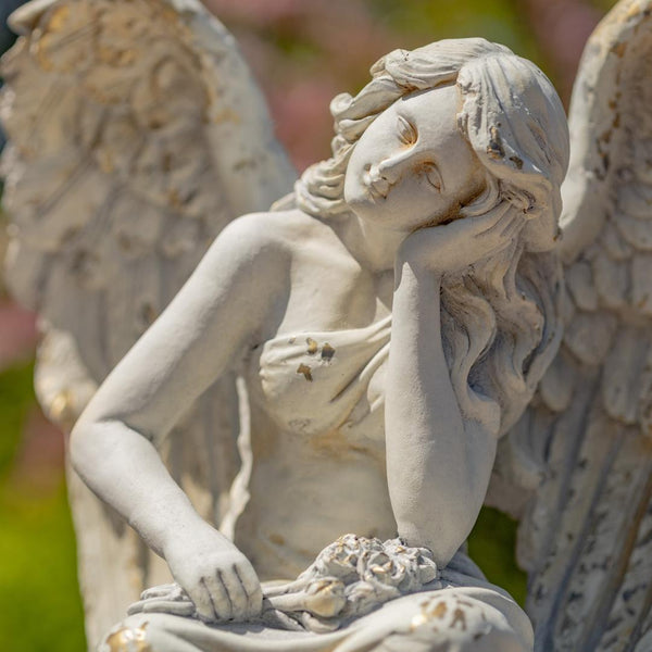 Angel Statue Sitting on Pillar "Nicole Alyse" 30.7" Tall Magnesium