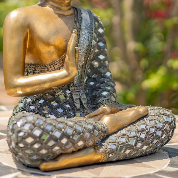 Preaching Buddha Statue with Diamond Mirror Accents 17.3" Tall Polyresin