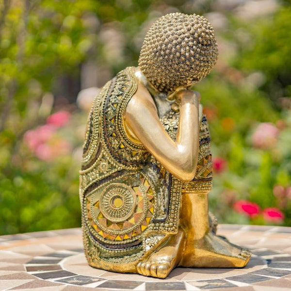 Frosted Gold Polyresin Thinking Buddha Idol Small Statue 13.8" Tall