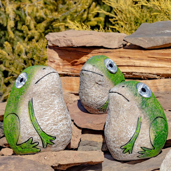 Set of 3 Solar Light Rock Frogs with Light Up Eyes