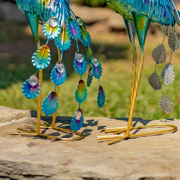22" Tall Set of 2 Painted Iron Peacocks Garden Decoration