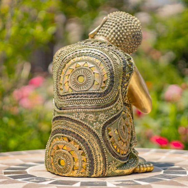 Frosted Gold Polyresin Thinking Buddha Idol Small Statue 13.8" Tall