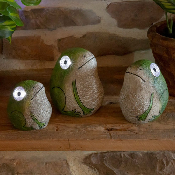 Set of 3 Solar Light Rock Frogs with Light Up Eyes