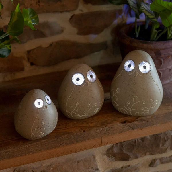 Set of 3 Solar Rock Birds with Floral Etching & Light Up Eyes