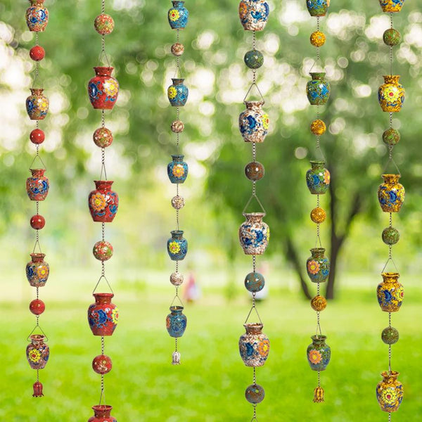Hand Painted Multicolor Porcelain Vase Rain Chain "Auburn" 77.5" Long