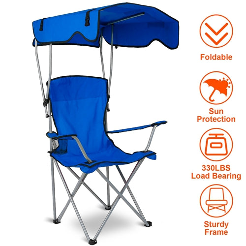 Foldable Beach Canopy Chair Sun Protection Camping Lawn Chair Seat w/ Cup Holder
