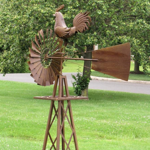 8ft. Tall Large Iron Windmill Stand with Rooster "Oscar"