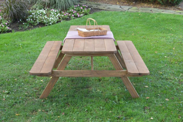 Classic Pine Wood Table w/ Attached Benches