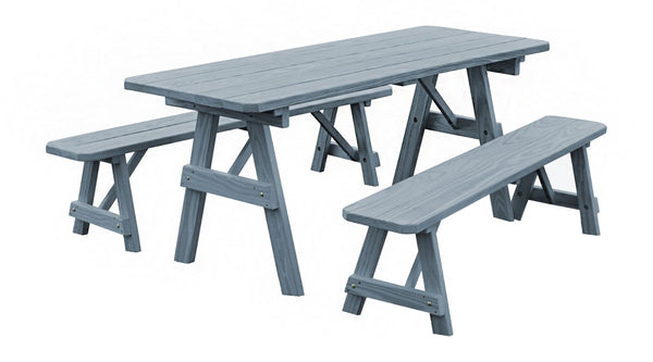 Traditional Table w/ 2 Benches in Pine Wood