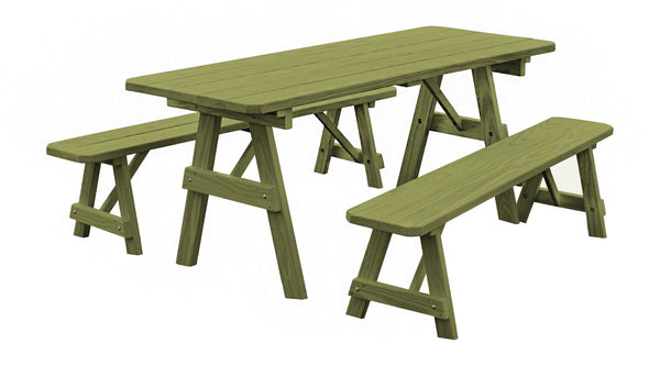 Traditional Table w/ 2 Benches in Pine Wood