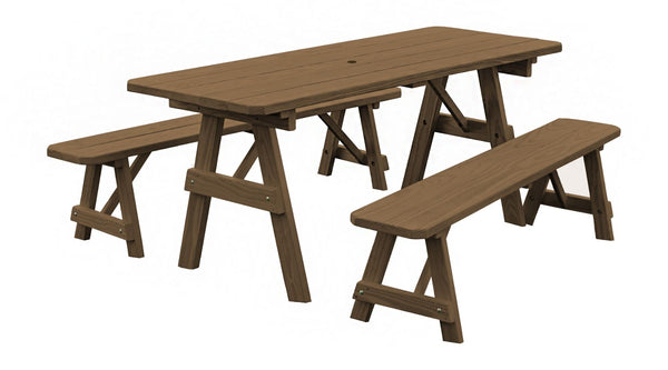 Traditional Table w/ 2 Benches in Pine Wood