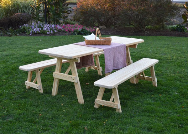 Traditional Table w/ 2 Benches in Pine Wood