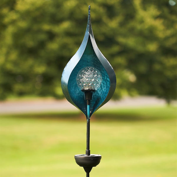 Raindrop Solar Garden Stake with Spinning LED Blue Orb