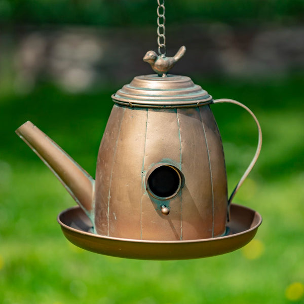 Hanging Antique Copper Teapot Birdhouse & Feeders