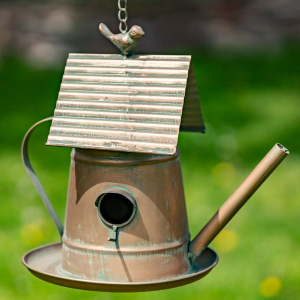Hanging Antique Copper Teapot Birdhouse & Feeders