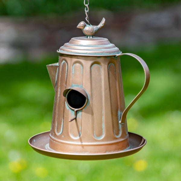 Hanging Antique Copper Teapot Birdhouse & Feeders