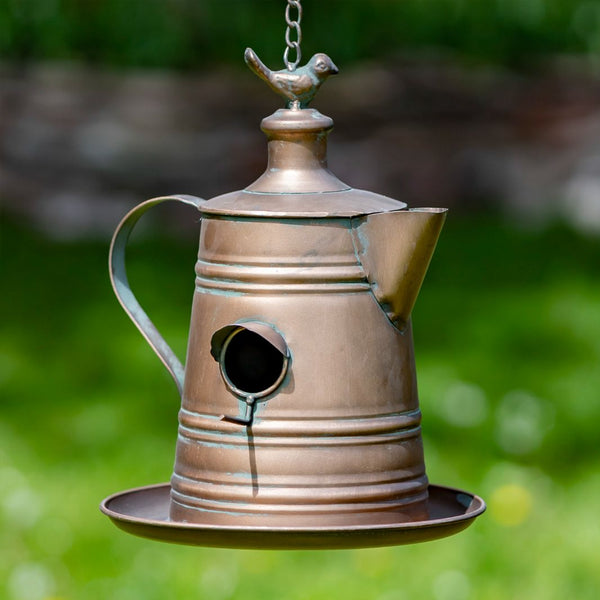 Hanging Antique Copper Teapot Birdhouse & Feeders